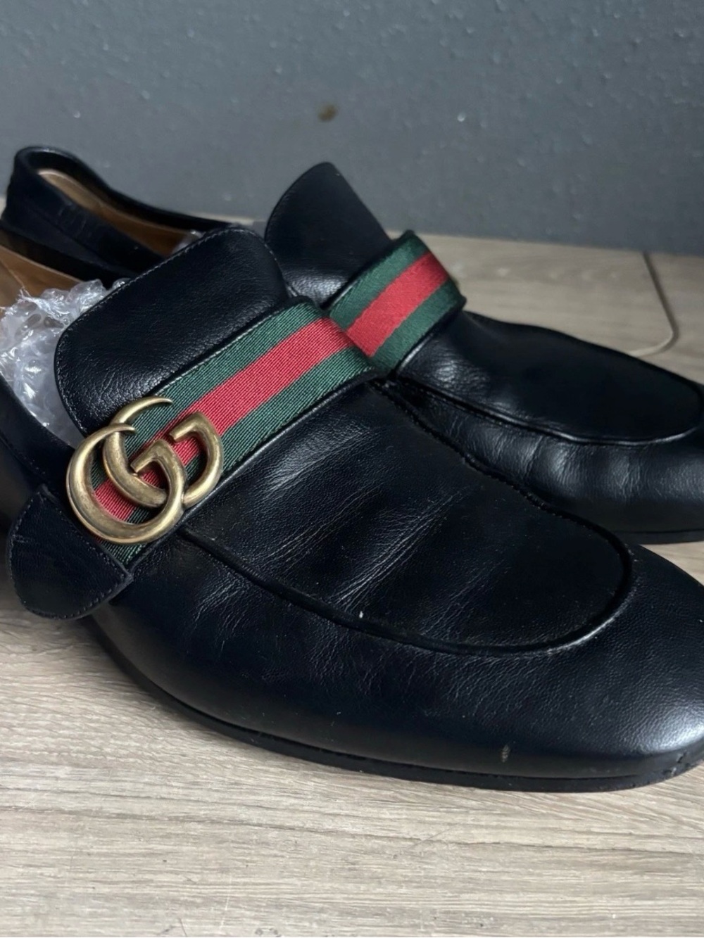 GUCCI Mens Donnie Web Double GG Loafers Heels Black Leather Sz 8.5 - Picture 7 of 16
